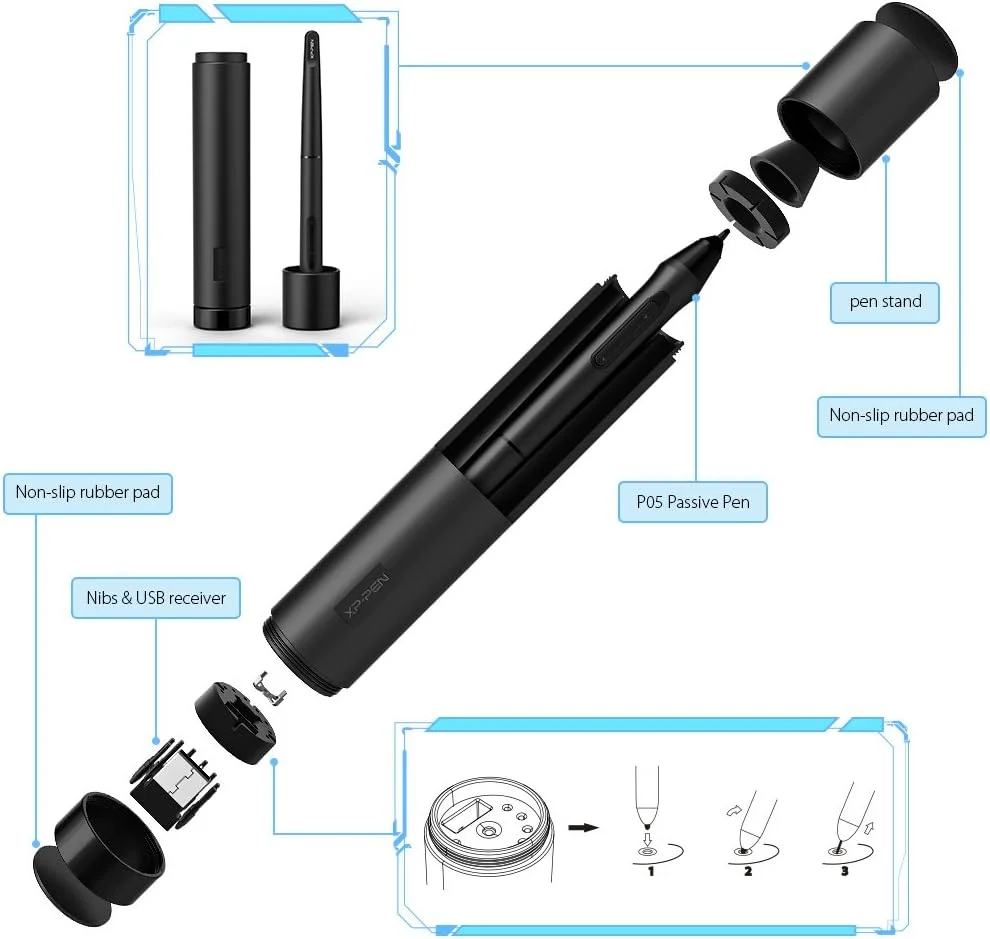 تبلت گرافیکی XP-PEN DECO03 با 8192 سطح حساسیت به فشار، دارای چرخ و قلم استایلوس پسیو - تبلت طراحی بی سیم/بلوتوث