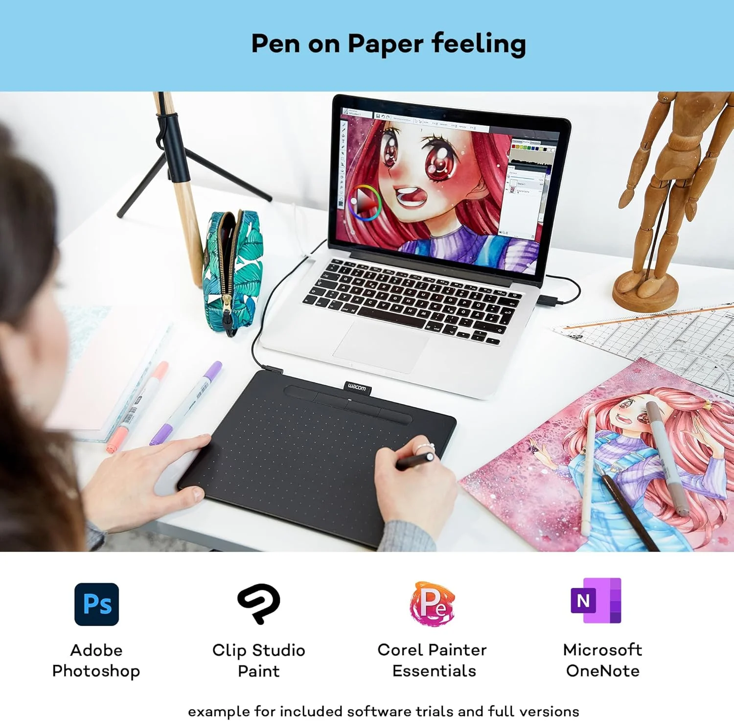 قلم نوری وکام Intuos M مشکی - تبلت طراحی به همراه قلم، قلم بدون باتری و حساس به فشار، سازگار با ویندوز، مک و اندروید، تبلت ایده آل برای طراحی، گرافیک یا کار از راه دور