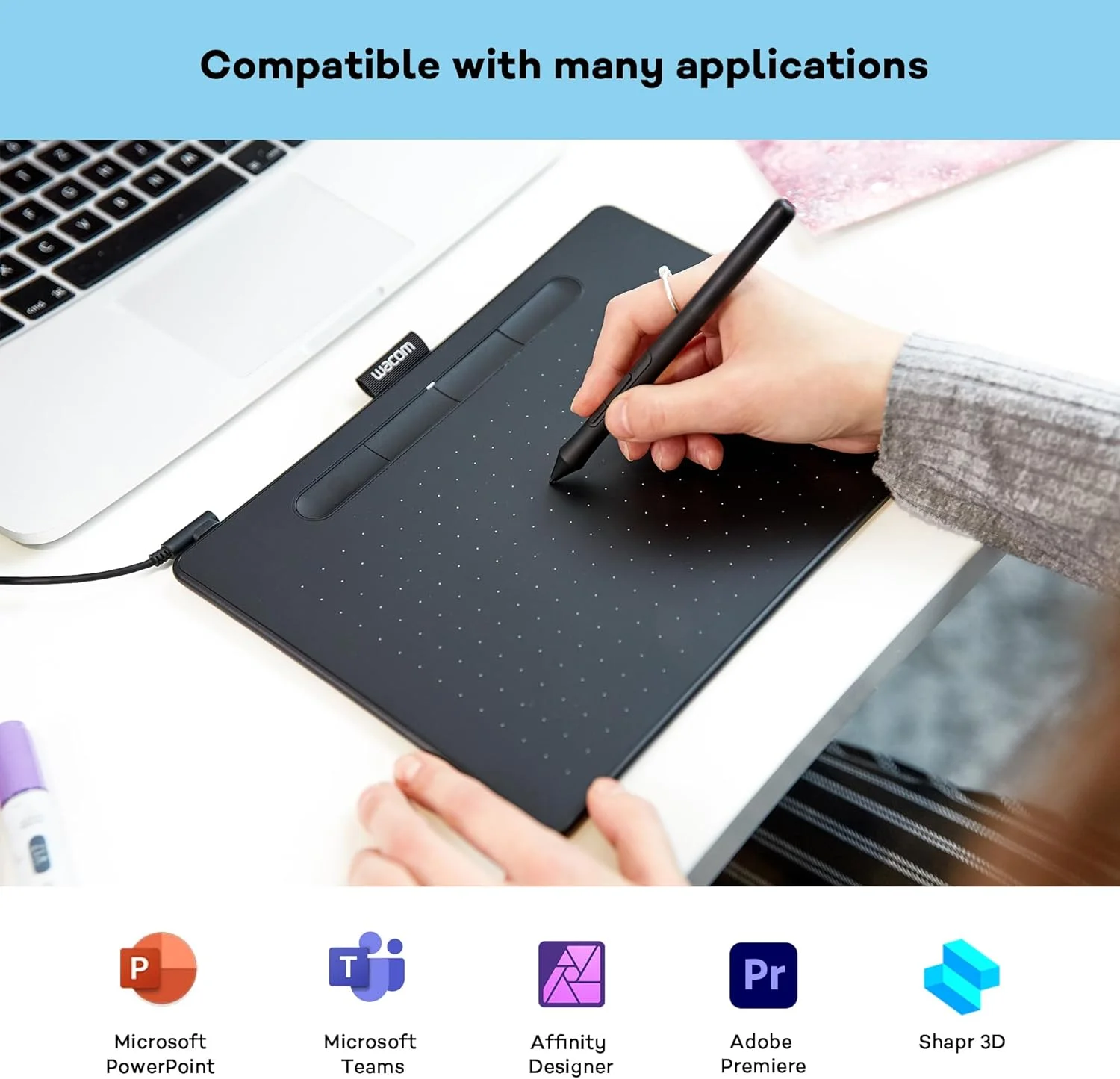 قلم نوری وکام Intuos M مشکی - تبلت طراحی به همراه قلم، قلم بدون باتری و حساس به فشار، سازگار با ویندوز، مک و اندروید، تبلت ایده آل برای طراحی، گرافیک یا کار از راه دور