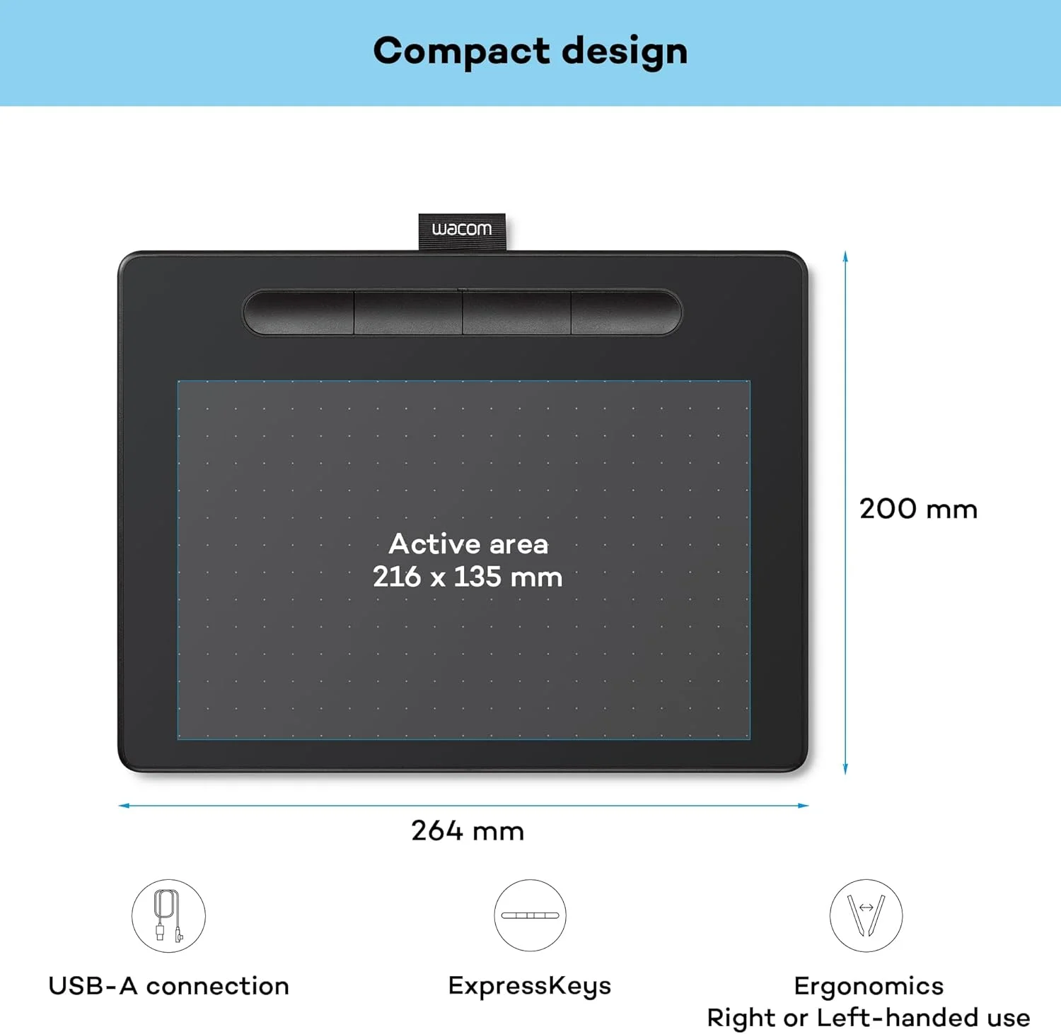 قلم نوری وکام Intuos M مشکی - تبلت طراحی به همراه قلم، قلم بدون باتری و حساس به فشار، سازگار با ویندوز، مک و اندروید، تبلت ایده آل برای طراحی، گرافیک یا کار از راه دور