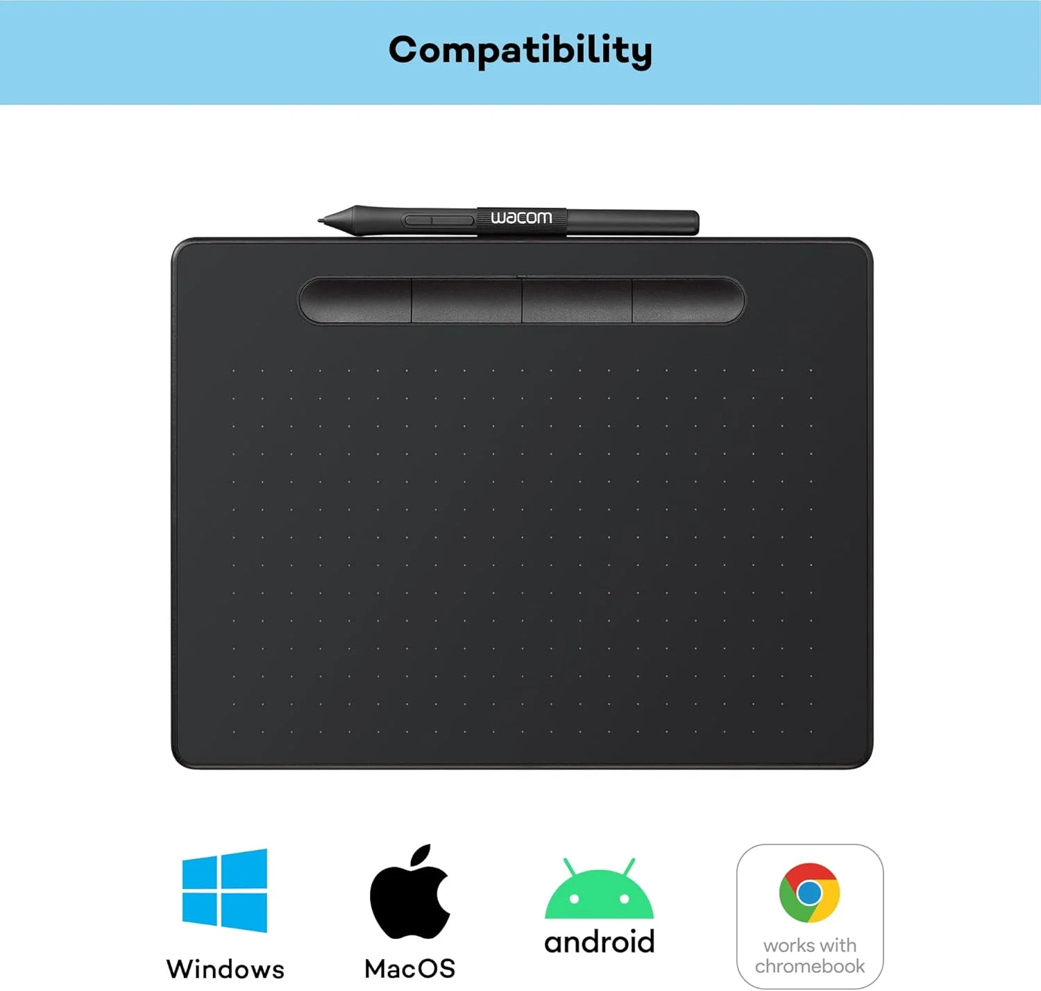 قلم نوری وکام Intuos M مشکی - تبلت طراحی به همراه قلم، قلم بدون باتری و حساس به فشار، سازگار با ویندوز، مک و اندروید، تبلت ایده آل برای طراحی، گرافیک یا کار از راه دور