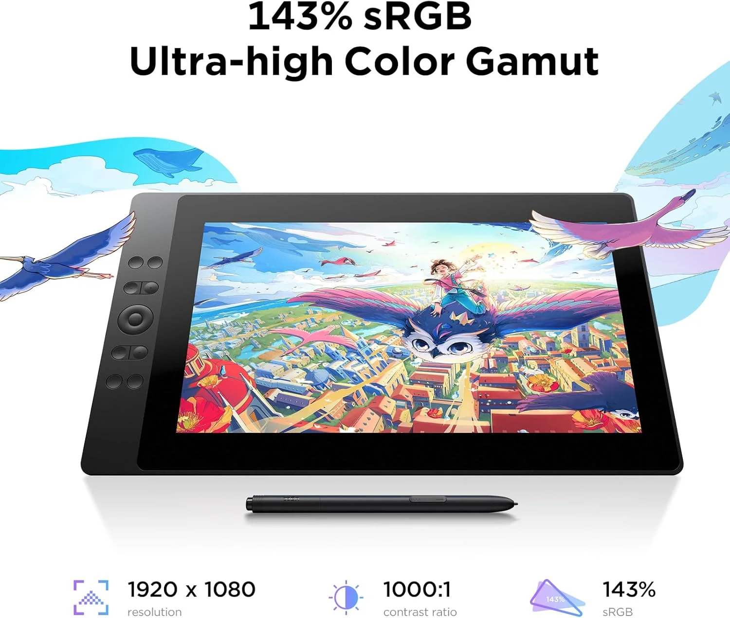 تبلت طراحی UGEE با صفحه نمایش 15.4 اینچی، تبلت گرافیکی کامپیوتر UE16 با پوشش 143% sRGB و صفحه نمایش لمینت کامل، 8+1 کلید میانبر، قلم بدون باتری با 16K سطح فشار، پد طراحی برای PC/Windows/Mac/Android