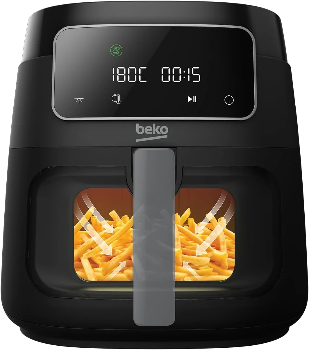 سرخ کن هوا داغ بکو ExpertFry XXL FRL 3374B با ظرفیت 7.6 لیتر، دارای پنجره، توان 1750 وات، صفحه نمایش لمسی، 9 برنامه از پیش تعیین شده شامل یخ زدایی، سیب زمینی سرخ کرده، مرغ، گریل، سیخ، پخت، خشک کردن، برشته کردن