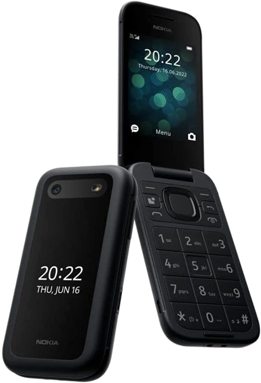 گوشی تاشو نوکیا 2660 Flip 4G، صفحه نمایش 2.8 اینچی، تلفن همراه دو سیم کارته با صفحه نمایش بزرگ، دکمه اضطراری، بازی های از پیش نصب شده Gameloft و Origin Data - مشکی
