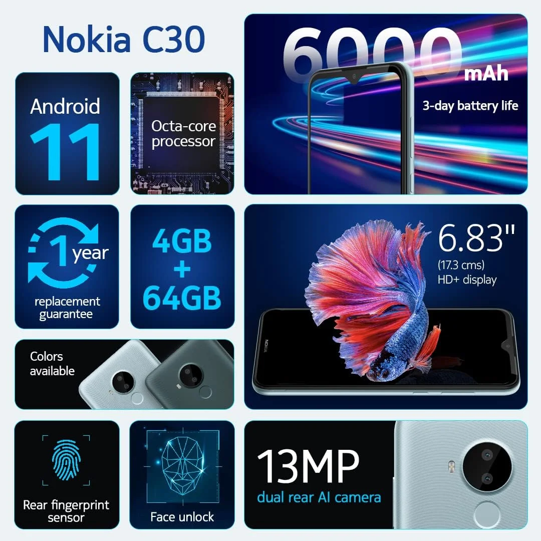گوشی موبایل نوکیا C30، باتری 6000 میلی آمپر، صفحه نمایش 6.82 اینچی HD+، حافظه 3 + 32 گیگابایت (سفید)