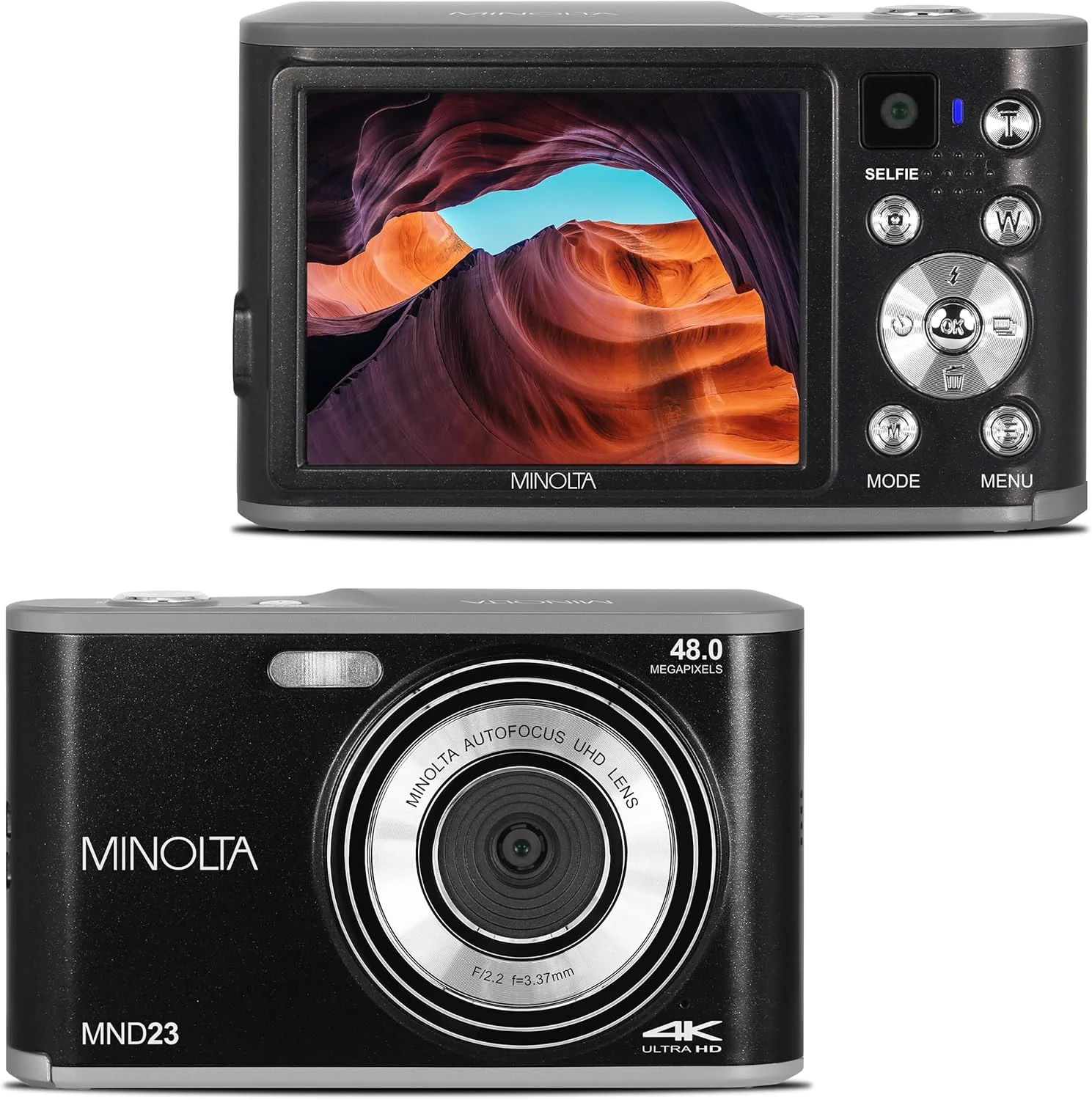 دوربین دیجیتال 48 مگاپیکسلی Minolta با لنز سلفی پشتی - فیلمبرداری 4K Ultra HD، صفحه نمایش LCD 2.8 اینچی، زوم دیجیتال 16X، فوکوس خودکار، حرکت آهسته، تایم لپس، فیلترها، حالت های صحنه، کارت 32 گیگابایتی شامل (مشکی)
