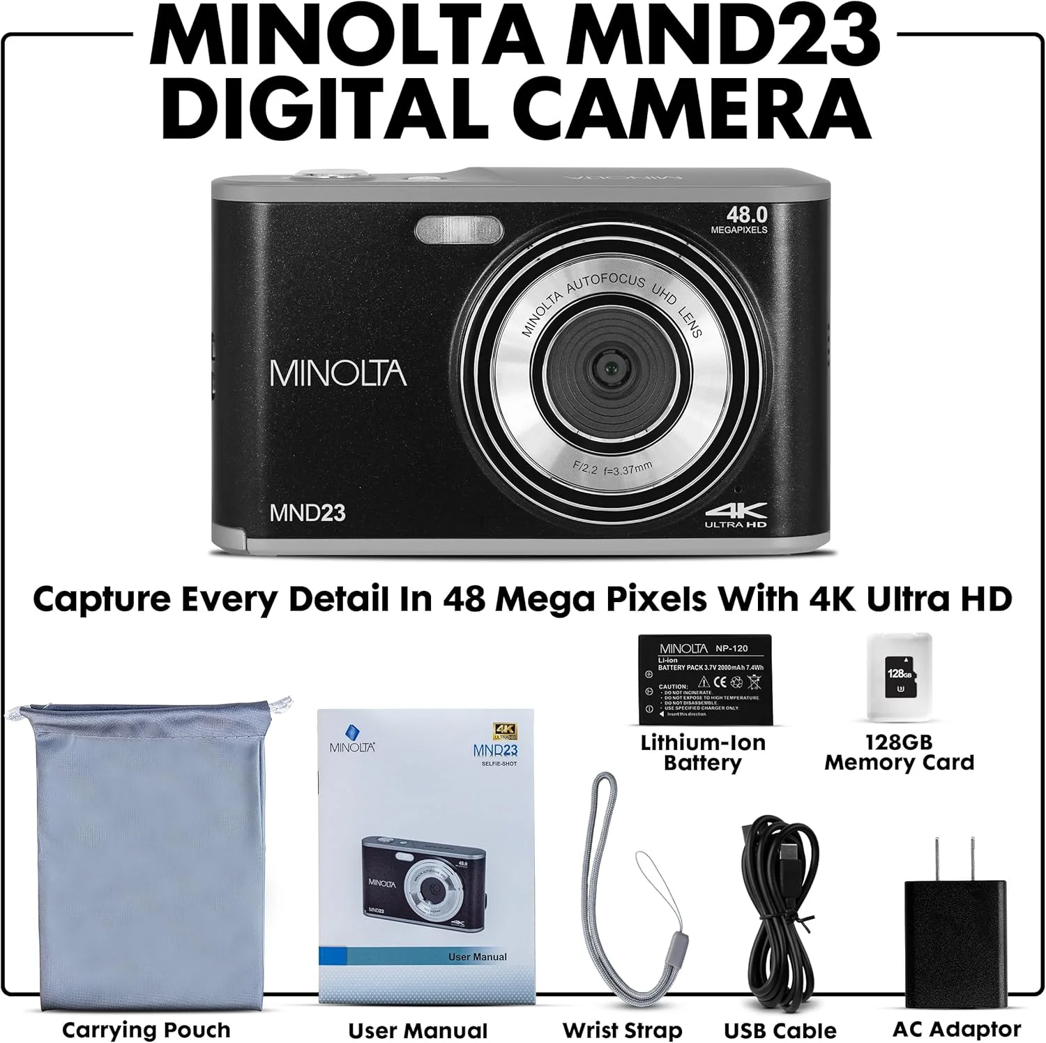 دوربین دیجیتال 48 مگاپیکسلی Minolta با لنز سلفی پشتی - فیلمبرداری 4K Ultra HD، صفحه نمایش LCD 2.8 اینچی، زوم دیجیتال 16X، فوکوس خودکار، حرکت آهسته، تایم لپس، فیلترها، حالت های صحنه، کارت 32 گیگابایتی شامل (مشکی)