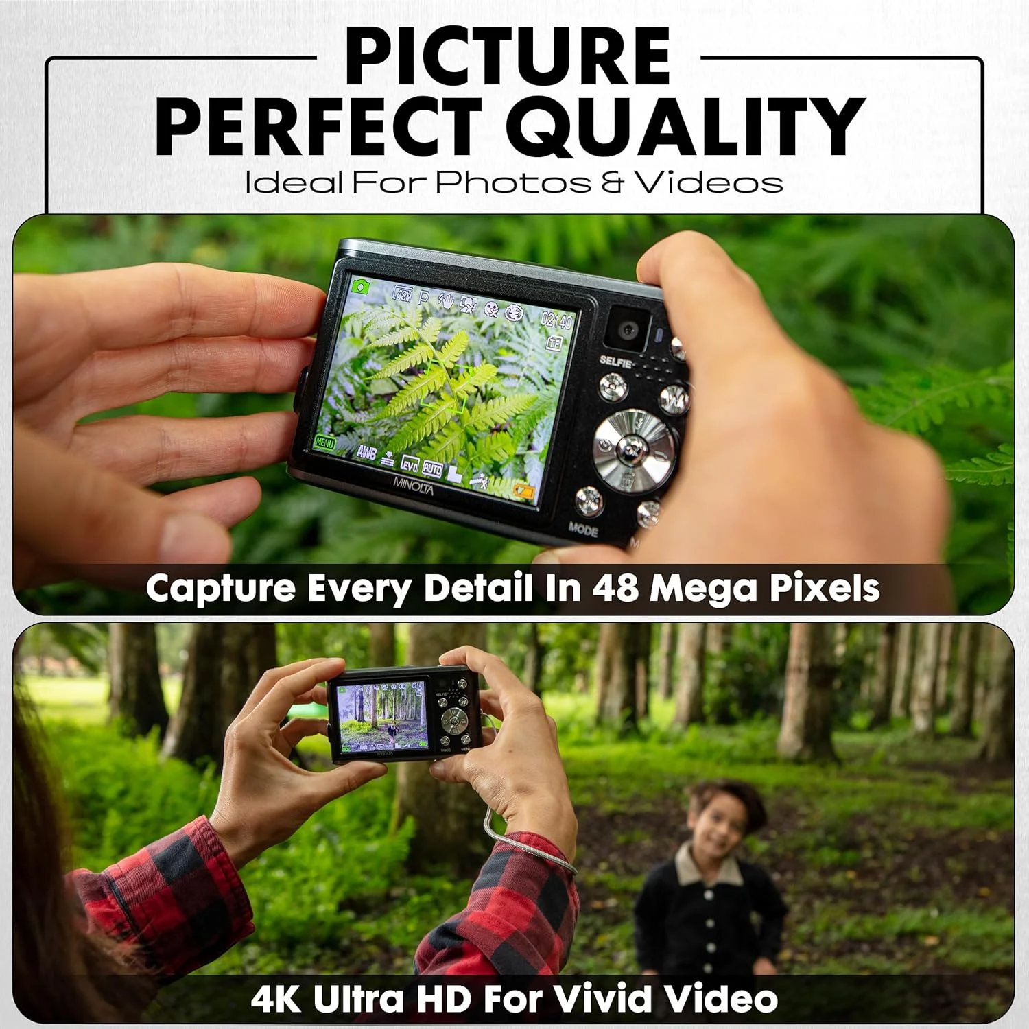 دوربین دیجیتال 48 مگاپیکسلی Minolta با لنز سلفی پشتی - فیلمبرداری 4K Ultra HD، صفحه نمایش LCD 2.8 اینچی، زوم دیجیتال 16X، فوکوس خودکار، حرکت آهسته، تایم لپس، فیلترها، حالت های صحنه، کارت 32 گیگابایتی شامل (مشکی)