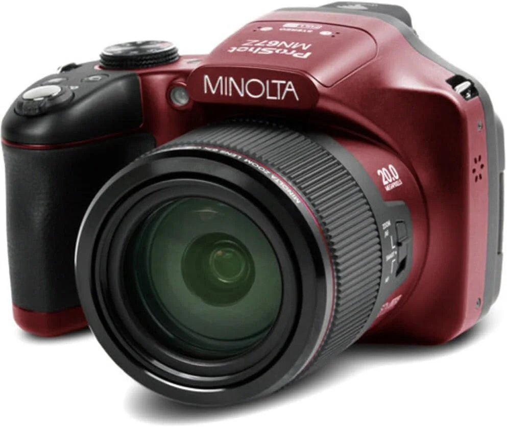 دوربین دیجیتال Minolta Pro Shot 20 مگاپیکسل HD با زوم اپتیکال 67 برابر، فیلمبرداری Full HD 1080p و کارت حافظه 16 گیگابایتی SD (قرمز)