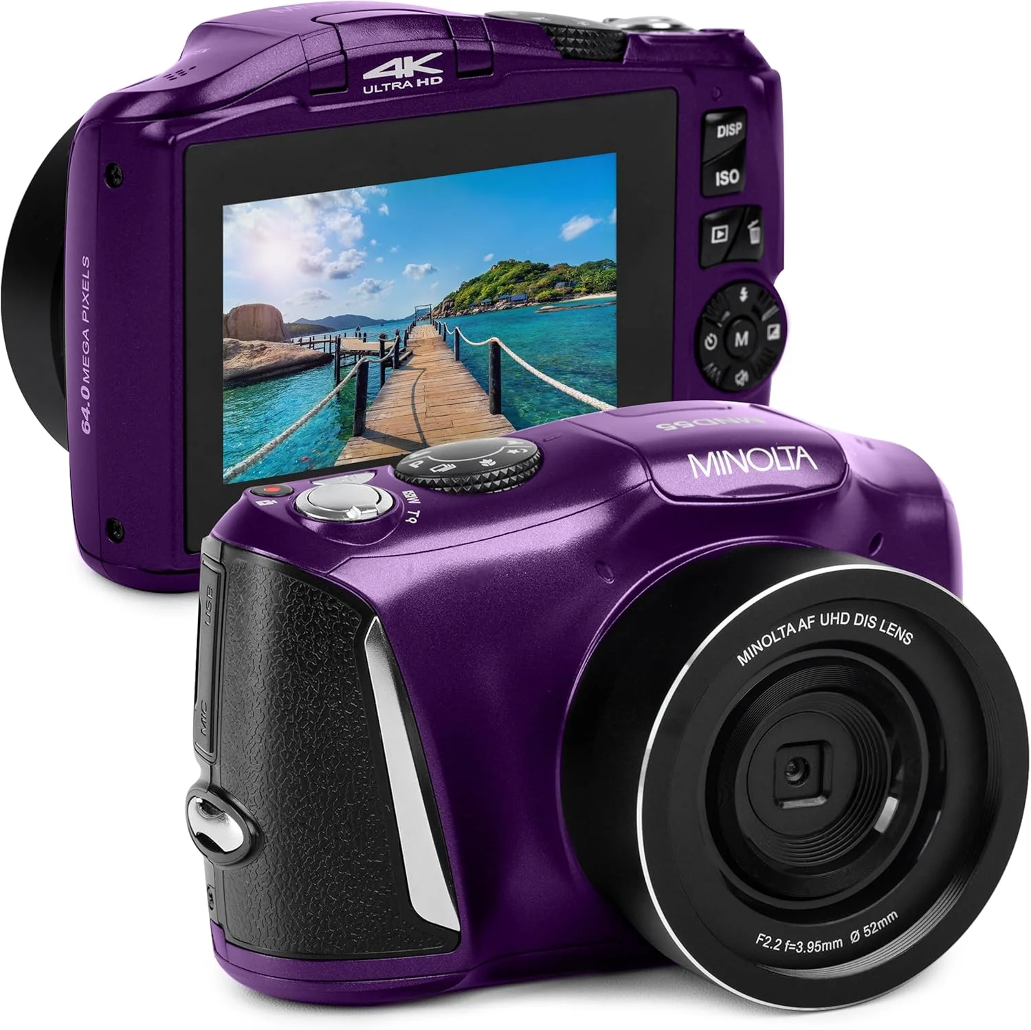 دوربین دیجیتال 64 مگاپیکسلی Minolta – فیلمبرداری 4K Ultra HD با سرعت 60 فریم در ثانیه، زوم دیجیتال 16 برابر، WiFi، سنسور CMOS، صفحه نمایش LCD 3 اینچی، نوردهی خودکار - شامل کارت حافظه 32 گیگابایتی، باتری قابل شارژ (بنفش)