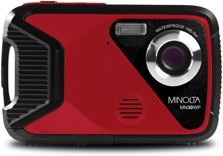 دوربین دیجیتال ضد آب مینولتا – عکس‌های 21 مگاپیکسلی، ویدئو HD 1080p، LCD 2.8 اینچی، ضد آب تا عمق 16 فوت، زوم دیجیتال 4X، ضد لرزش، تشخیص چهره، ثبت لبخند، حالت‌های صحنه، کارت 16 گیگابایتی (قرمز)