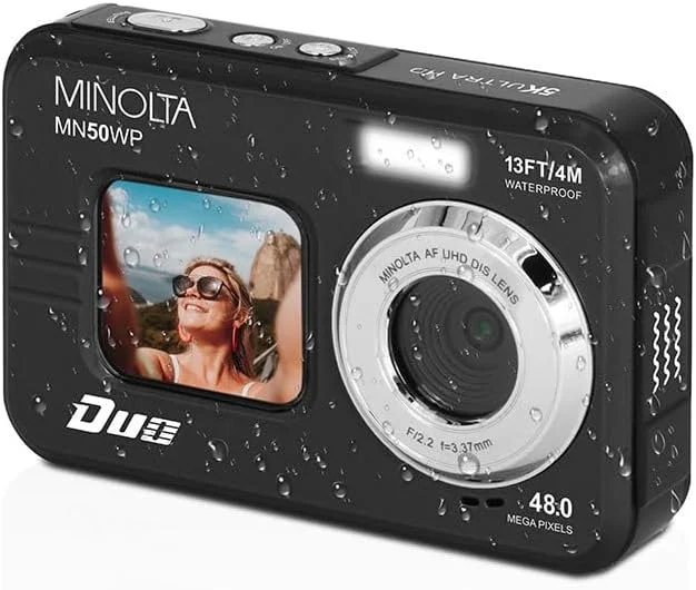 دوربین دیجیتال زیر آب 48 مگاپیکسلی Minolta – ویدئو 5K Ultra HD، فوکوس خودکار، زوم دیجیتال 16 برابر، دو صفحه نمایش LCD، صفحه نمایش سلفی جلو، ضد آب تا عمق 13 فوت، باتری قابل شارژ، کارت 32 گیگابایتی (مشکی)