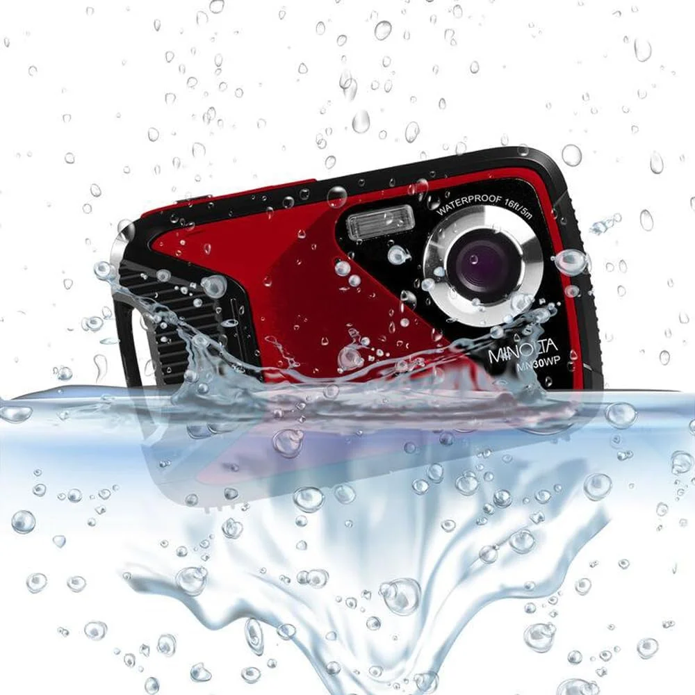 دوربین دیجیتال ضد آب مینولتا – عکس‌های 21 مگاپیکسلی، ویدئو HD 1080p، LCD 2.8 اینچی، ضد آب تا عمق 16 فوت، زوم دیجیتال 4X، ضد لرزش، تشخیص چهره، ثبت لبخند، حالت‌های صحنه، کارت 16 گیگابایتی (قرمز)