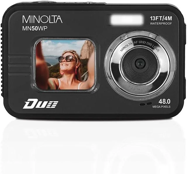 دوربین دیجیتال زیر آب 48 مگاپیکسلی Minolta – ویدئو 5K Ultra HD، فوکوس خودکار، زوم دیجیتال 16 برابر، دو صفحه نمایش LCD، صفحه نمایش سلفی جلو، ضد آب تا عمق 13 فوت، باتری قابل شارژ، کارت 32 گیگابایتی (مشکی)