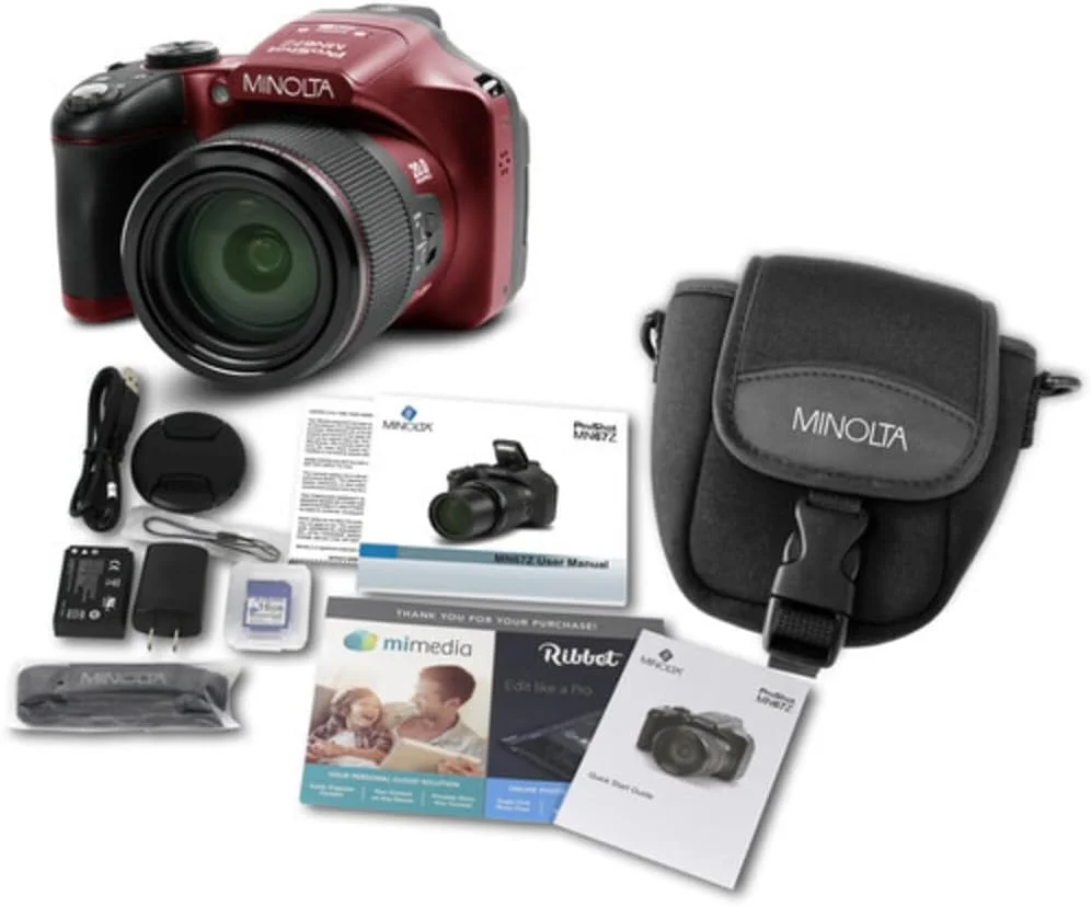 دوربین دیجیتال Minolta Pro Shot 20 مگاپیکسل HD با زوم اپتیکال 67 برابر، فیلمبرداری Full HD 1080p و کارت حافظه 16 گیگابایتی SD (قرمز)