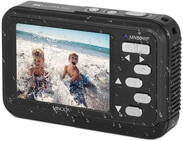 دوربین دیجیتال زیر آب 48 مگاپیکسلی Minolta – ویدئو 5K Ultra HD، فوکوس خودکار، زوم دیجیتال 16 برابر، دو صفحه نمایش LCD، صفحه نمایش سلفی جلو، ضد آب تا عمق 13 فوت، باتری قابل شارژ، کارت 32 گیگابایتی (مشکی)