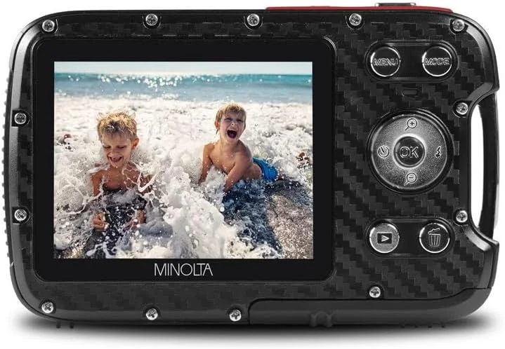 دوربین دیجیتال ضد آب مینولتا – عکس‌های 21 مگاپیکسلی، ویدئو HD 1080p، LCD 2.8 اینچی، ضد آب تا عمق 16 فوت، زوم دیجیتال 4X، ضد لرزش، تشخیص چهره، ثبت لبخند، حالت‌های صحنه، کارت 16 گیگابایتی (قرمز)