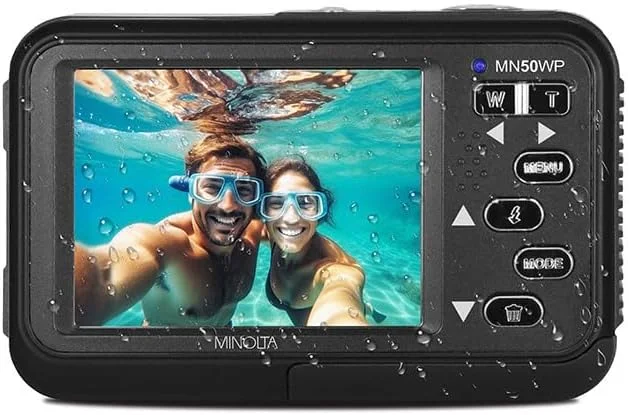 دوربین دیجیتال زیر آب 48 مگاپیکسلی Minolta – ویدئو 5K Ultra HD، فوکوس خودکار، زوم دیجیتال 16 برابر، دو صفحه نمایش LCD، صفحه نمایش سلفی جلو، ضد آب تا عمق 13 فوت، باتری قابل شارژ، کارت 32 گیگابایتی (مشکی)