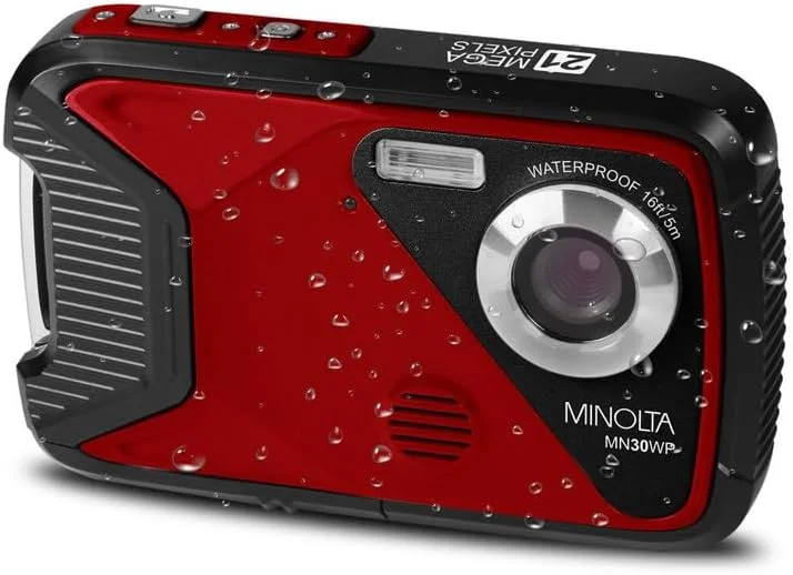 دوربین دیجیتال ضد آب مینولتا – عکس‌های 21 مگاپیکسلی، ویدئو HD 1080p، LCD 2.8 اینچی، ضد آب تا عمق 16 فوت، زوم دیجیتال 4X، ضد لرزش، تشخیص چهره، ثبت لبخند، حالت‌های صحنه، کارت 16 گیگابایتی (قرمز)