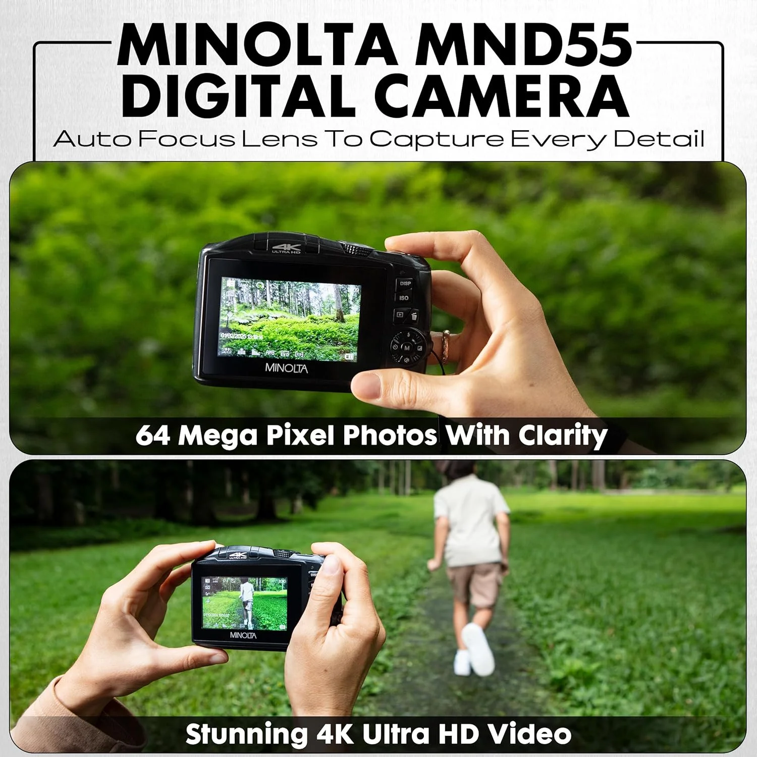 دوربین دیجیتال 64 مگاپیکسلی Minolta – فیلمبرداری 4K Ultra HD با سرعت 60 فریم در ثانیه، زوم دیجیتال 16 برابر، WiFi، سنسور CMOS، صفحه نمایش LCD 3 اینچی، نوردهی خودکار - شامل کارت حافظه 32 گیگابایتی، باتری قابل شارژ (بنفش)