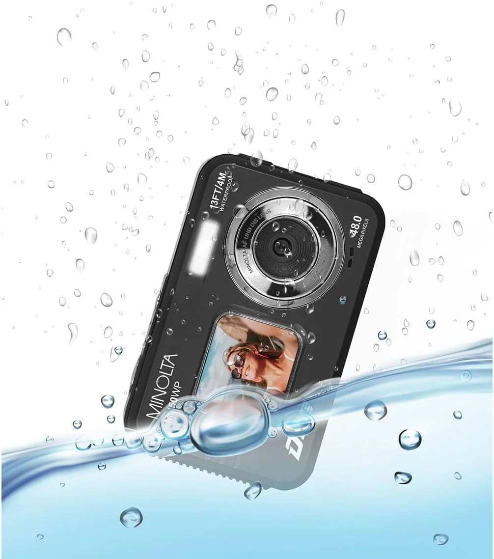 دوربین دیجیتال زیر آب 48 مگاپیکسلی Minolta – ویدئو 5K Ultra HD، فوکوس خودکار، زوم دیجیتال 16 برابر، دو صفحه نمایش LCD، صفحه نمایش سلفی جلو، ضد آب تا عمق 13 فوت، باتری قابل شارژ، کارت 32 گیگابایتی (مشکی)