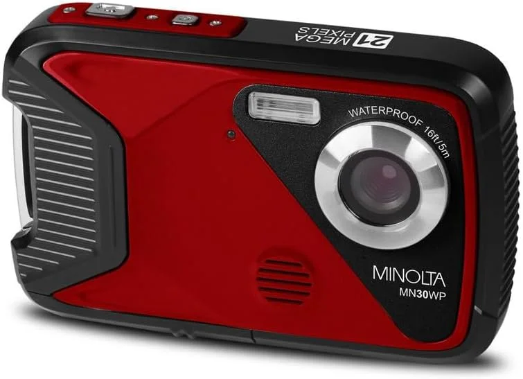 دوربین دیجیتال ضد آب مینولتا – عکس‌های 21 مگاپیکسلی، ویدئو HD 1080p، LCD 2.8 اینچی، ضد آب تا عمق 16 فوت، زوم دیجیتال 4X، ضد لرزش، تشخیص چهره، ثبت لبخند، حالت‌های صحنه، کارت 16 گیگابایتی (قرمز)