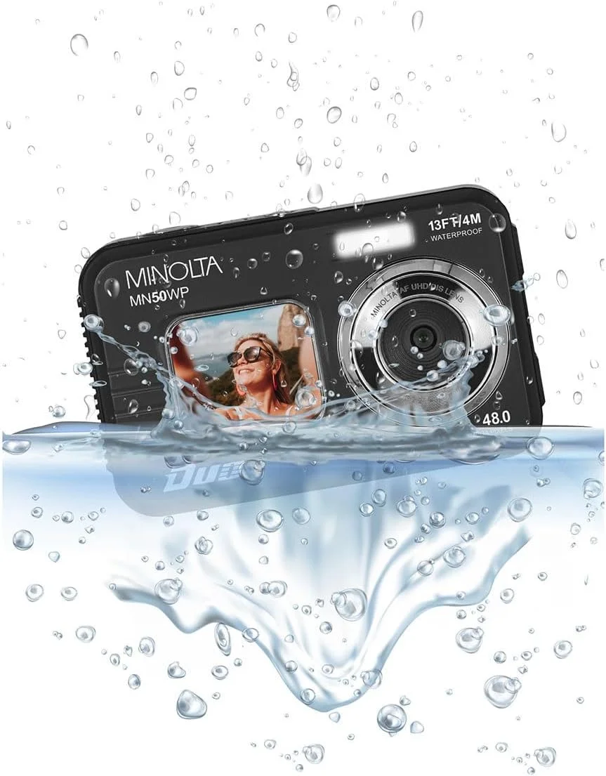 دوربین دیجیتال زیر آب 48 مگاپیکسلی Minolta – ویدئو 5K Ultra HD، فوکوس خودکار، زوم دیجیتال 16 برابر، دو صفحه نمایش LCD، صفحه نمایش سلفی جلو، ضد آب تا عمق 13 فوت، باتری قابل شارژ، کارت 32 گیگابایتی (مشکی)