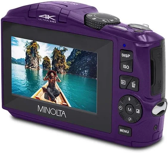 دوربین دیجیتال 64 مگاپیکسلی Minolta – فیلمبرداری 4K Ultra HD با سرعت 60 فریم در ثانیه، زوم دیجیتال 16 برابر، WiFi، سنسور CMOS، صفحه نمایش LCD 3 اینچی، نوردهی خودکار - شامل کارت حافظه 32 گیگابایتی، باتری قابل شارژ (بنفش)