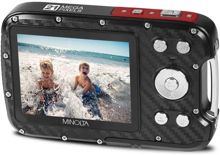 دوربین دیجیتال ضد آب مینولتا – عکس‌های 21 مگاپیکسلی، ویدئو HD 1080p، LCD 2.8 اینچی، ضد آب تا عمق 16 فوت، زوم دیجیتال 4X، ضد لرزش، تشخیص چهره، ثبت لبخند، حالت‌های صحنه، کارت 16 گیگابایتی (قرمز)