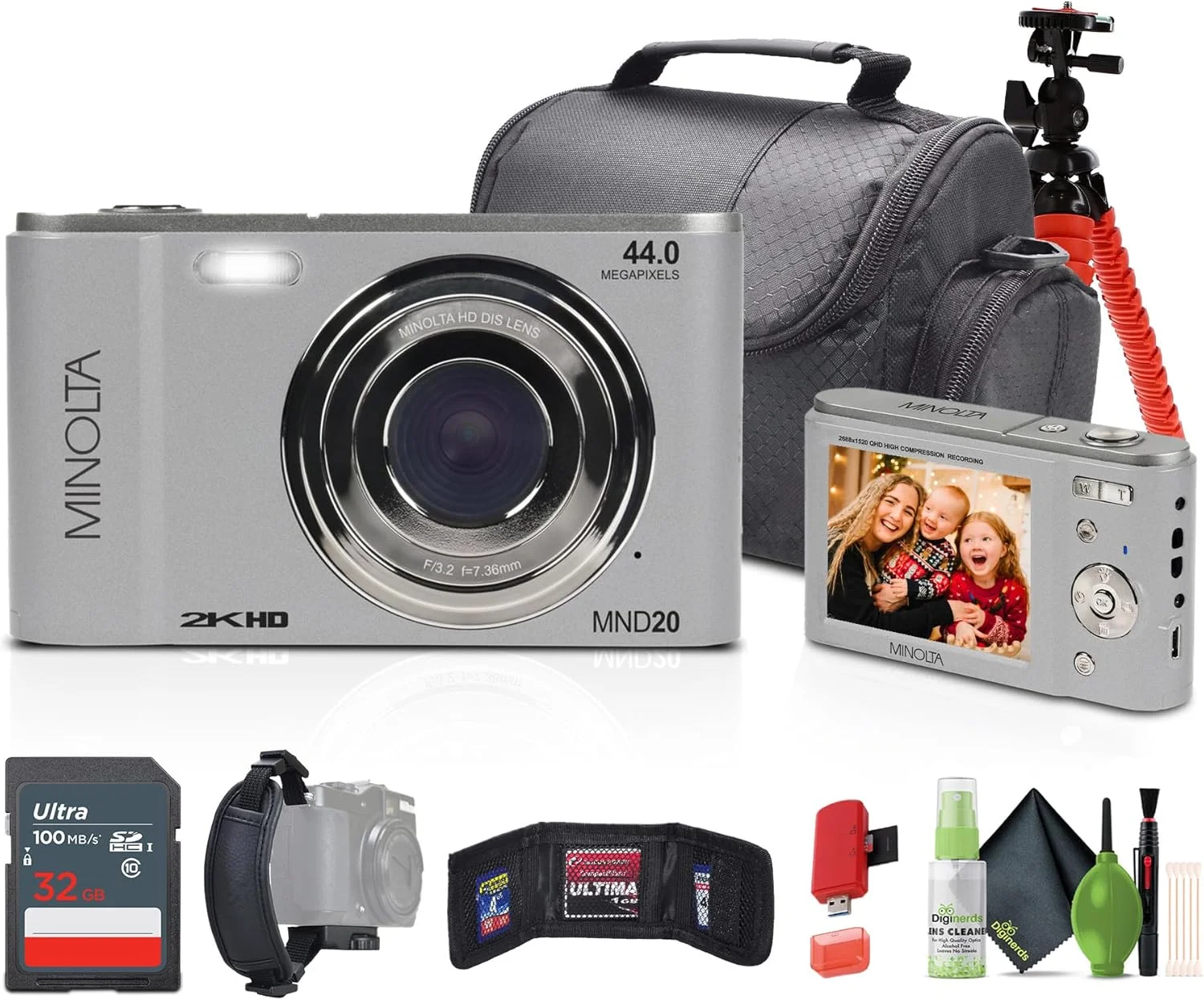 دوربین دیجیتال مینولتا MND20 با کیفیت 44 مگاپیکسل / 2.7K Quad HD (نقره ای) + کارت حافظه 32 گیگابایتی + سه پایه انعطاف پذیر 12 اینچی + کیف کارت حافظه + کارت خوان USB، SD/microSD + سایر موارد