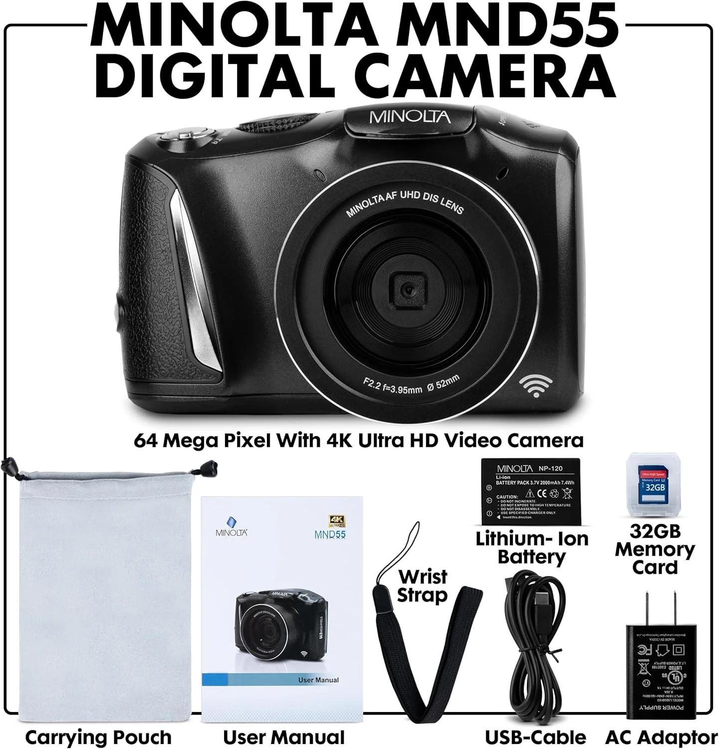 دوربین دیجیتال 64 مگاپیکسلی Minolta با فیلمبرداری 4K با سرعت 60 فریم بر ثانیه و WiFi، مشکی - تصویر 2