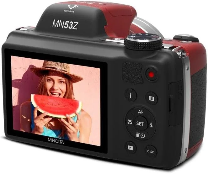 دوربین دیجیتال 16 مگاپیکسلی HD مینولتا Pro Shot با زوم اپتیکال 53 برابر، فیلمبرداری Full HD 1080p و کارت SD 16 گیگابایتی، MN53Z، قرمز