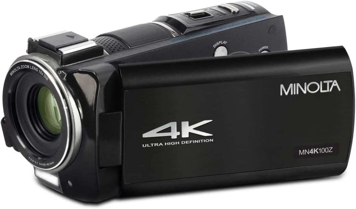 دوربین فیلمبرداری 4K Ultra HD مینولتا با صفحه لمسی 3.5 اینچی - زوم اپتیکال 10 برابر، عکس های 28 مگاپیکسلی، تثبیت کننده دیجیتال، مانت کفش لوازم جانبی، تایم لپس، تشخیص چهره، کارت 32 گیگابایتی، کنترل از راه دور (مشکی)