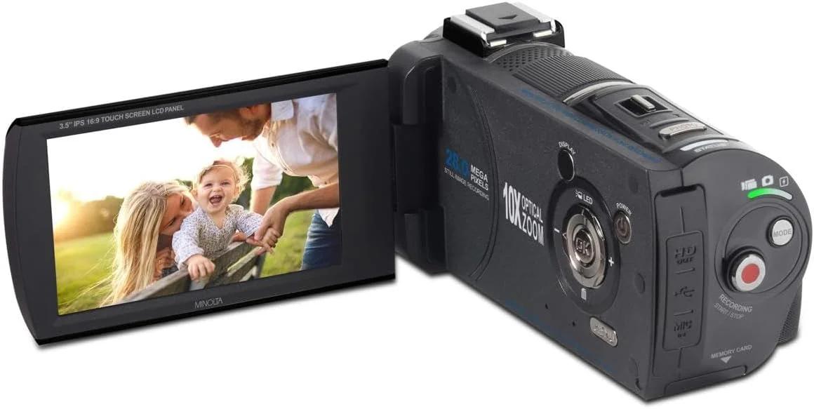 دوربین فیلمبرداری 4K Ultra HD مینولتا با صفحه لمسی 3.5 اینچی - زوم اپتیکال 10 برابر، عکس های 28 مگاپیکسلی، تثبیت کننده دیجیتال، مانت کفش لوازم جانبی، تایم لپس، تشخیص چهره، کارت 32 گیگابایتی، کنترل از راه دور (مشکی) - تصویر 3