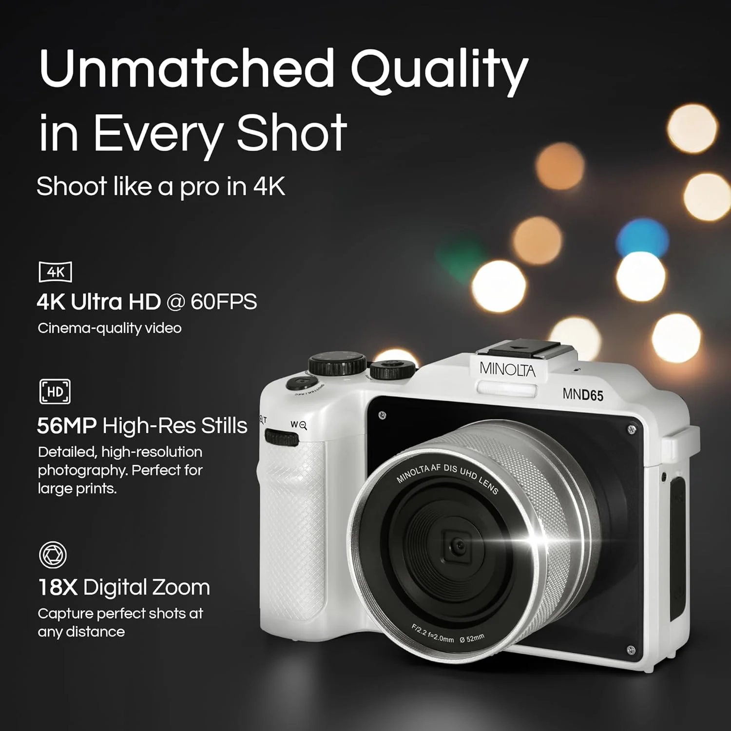 دوربین دیجیتال مینولتا MND65 با فوکوس خودکار 56 مگاپیکسل / 4K60FPS Ultra HD به همراه وای فای و دو صفحه جلویی قابل تعویض