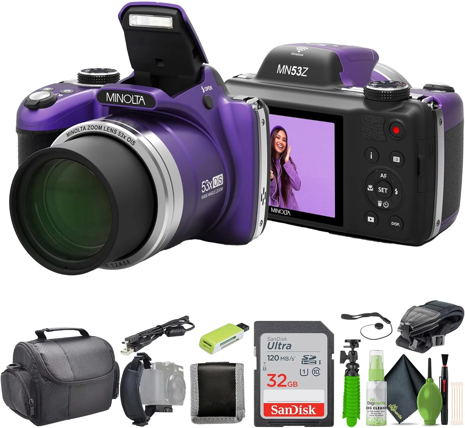 دوربین دیجیتال MINOLTA MN53Z 16 مگاپیکسل / 1080P FHD Bridge با زوم اپتیکال 53x (بنفش) به همراه کارت حافظه 32 گیگابایتی + کیف دوربین + کیت تمیز کننده + سه پایه ولاگینگ + لوازم جانبی