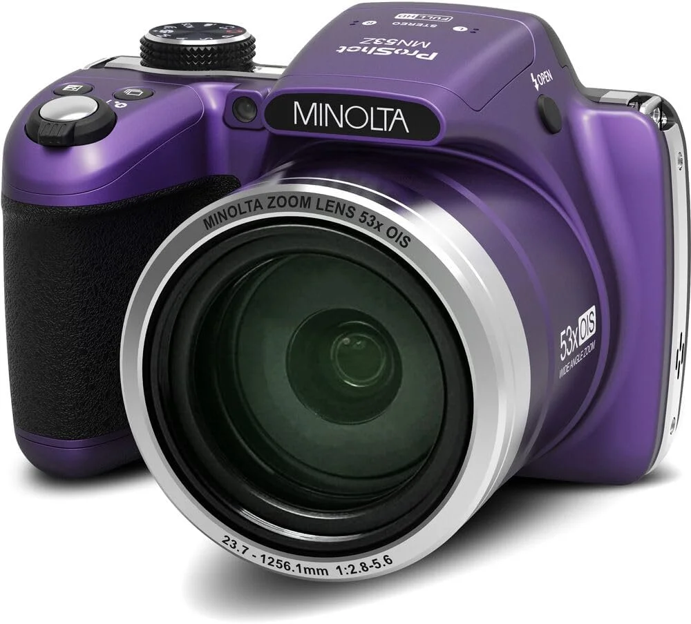 دوربین دیجیتال MINOLTA MN53Z 16 مگاپیکسل / 1080P FHD Bridge با زوم اپتیکال 53x (بنفش) به همراه کارت حافظه 32 گیگابایتی + کیف دوربین + کیت تمیز کننده + سه پایه ولاگینگ + لوازم جانبی