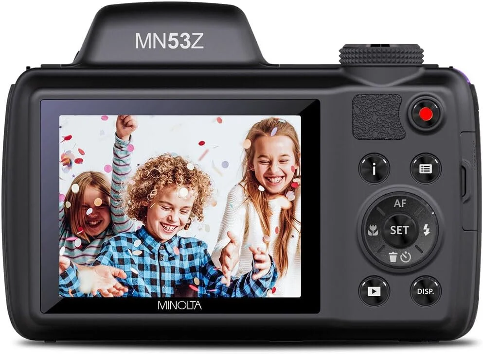 دوربین دیجیتال MINOLTA MN53Z 16 مگاپیکسل / 1080P FHD Bridge با زوم اپتیکال 53x (بنفش) به همراه کارت حافظه 32 گیگابایتی + کیف دوربین + کیت تمیز کننده + سه پایه ولاگینگ + لوازم جانبی