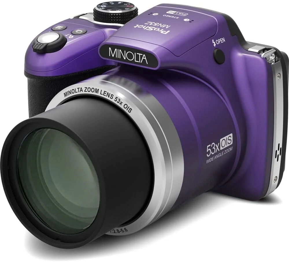 دوربین دیجیتال MINOLTA MN53Z 16 مگاپیکسل / 1080P FHD Bridge با زوم اپتیکال 53x (بنفش) به همراه کارت حافظه 32 گیگابایتی + کیف دوربین + کیت تمیز کننده + سه پایه ولاگینگ + لوازم جانبی