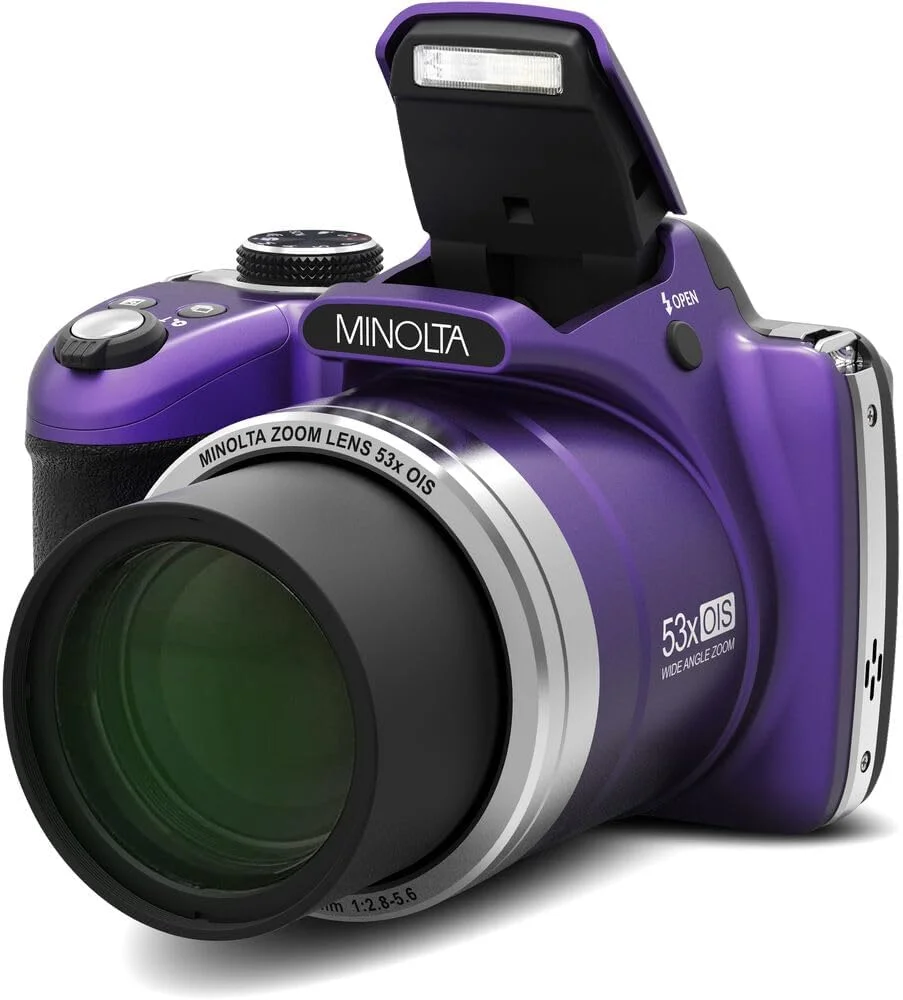 دوربین دیجیتال MINOLTA MN53Z 16 مگاپیکسل / 1080P FHD Bridge با زوم اپتیکال 53x (بنفش) به همراه کارت حافظه 32 گیگابایتی + کیف دوربین + کیت تمیز کننده + سه پایه ولاگینگ + لوازم جانبی