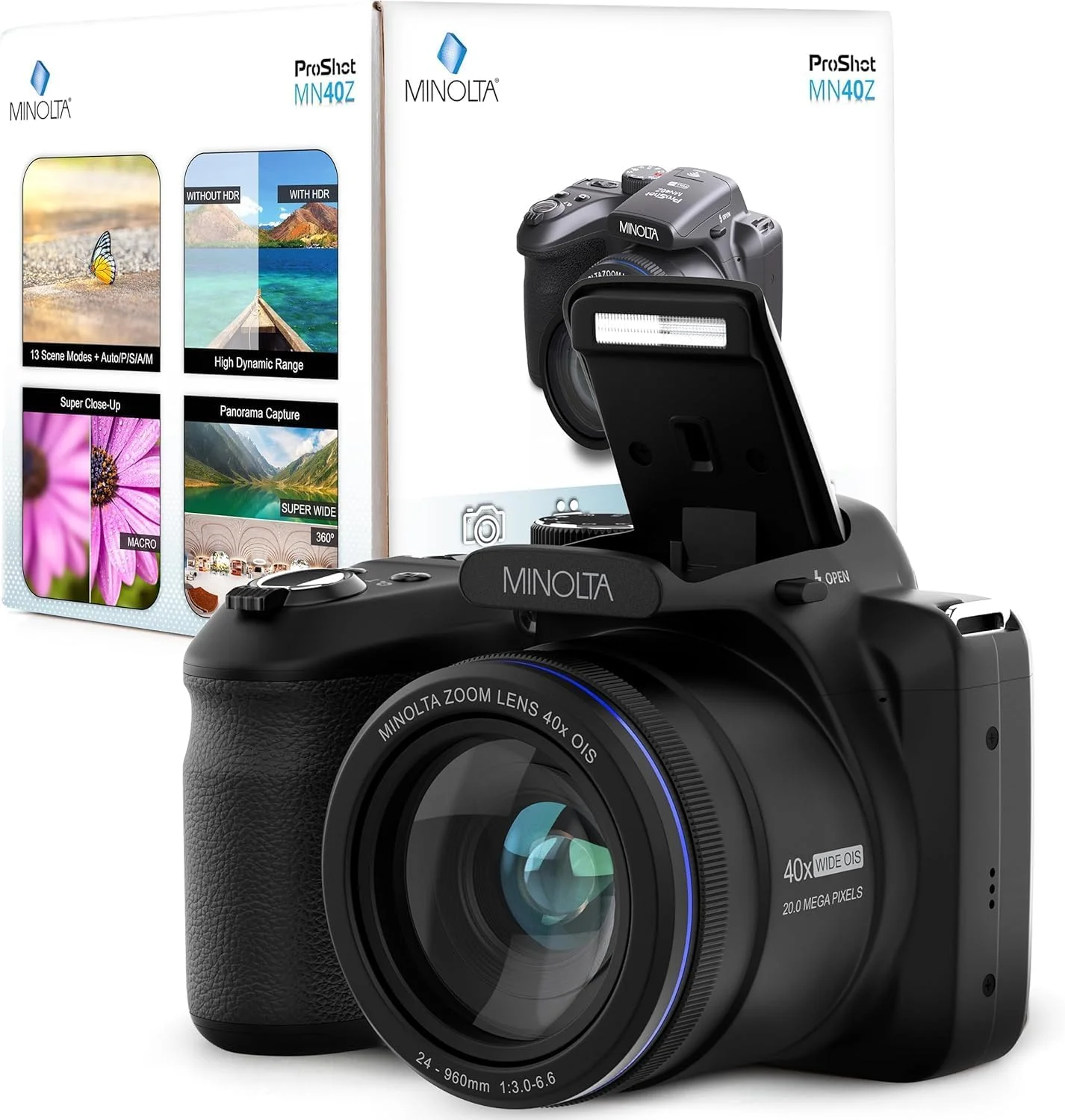 دوربین دیجیتال مینولتا 20 مگاپیکسل با زوم اپتیکال 40 برابر و فیلمبرداری 1080p FHD، مشکی