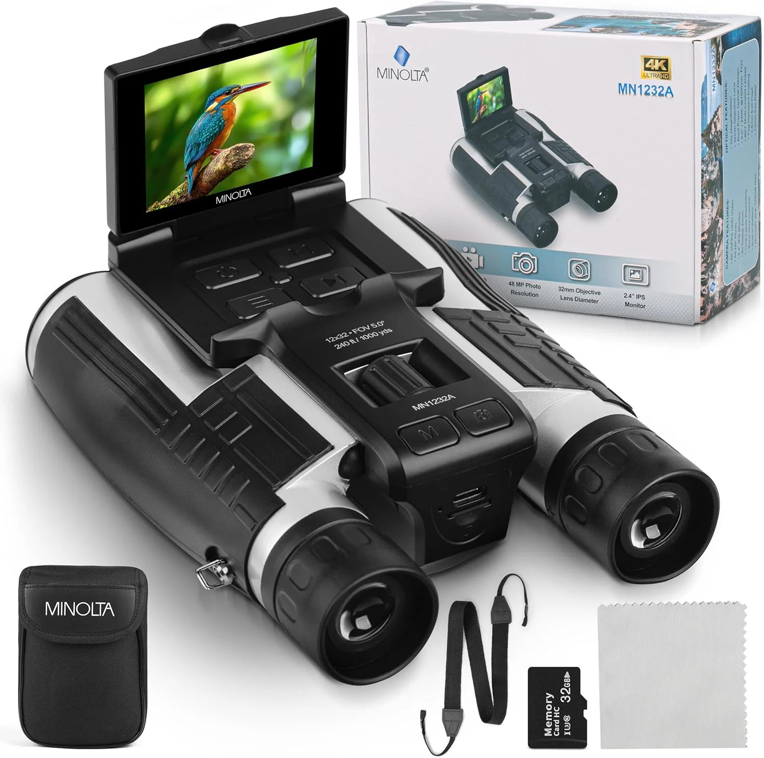 دوربین دوچشمی دیجیتال 12x32 Minolta - دوربین فیلمبرداری 4K UHD، عکس 48 مگاپیکسلی، زوم دیجیتال 8X، صفحه نمایش IPS ضد تابش نور، اپتیک مقاوم در برابر مه، جمع و جور، ایده آل برای تماشای پرندگان و شکار در سفر