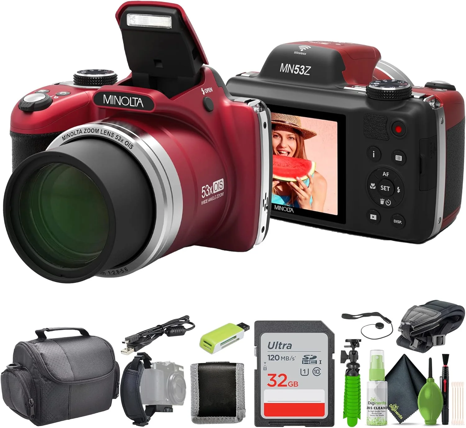 دوربین دیجیتال 16 مگاپیکسلی Minolta Pro Shot MN53Z HD با زوم 53 برابر، بسته ویدیویی 1080p HD (قرمز)