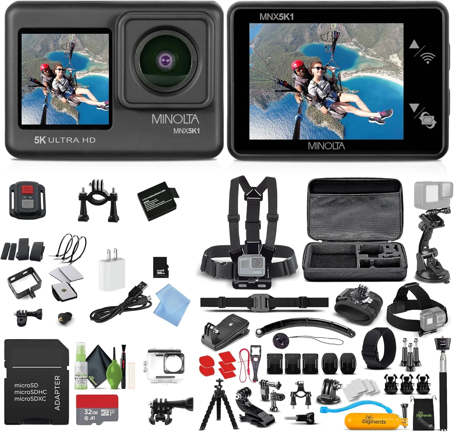 کیت دوربین اکشن 5K Ultra HD / 24 مگاپیکسل Minolta MNX5K1 + کارت حافظه 32 گیگابایتی + کیت تمیز کننده + بسته لوازم جانبی Diginerds 50 در 1 Go Pro - مشکی