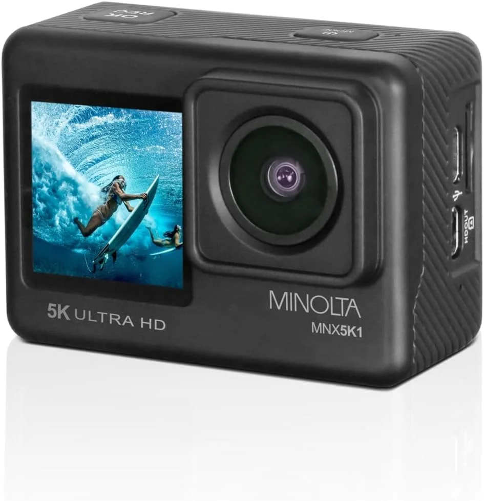 کیت دوربین اکشن 5K Ultra HD / 24 مگاپیکسل Minolta MNX5K1 + کارت حافظه 32 گیگابایتی + کیت تمیز کننده + بسته لوازم جانبی Diginerds 50 در 1 Go Pro - مشکی