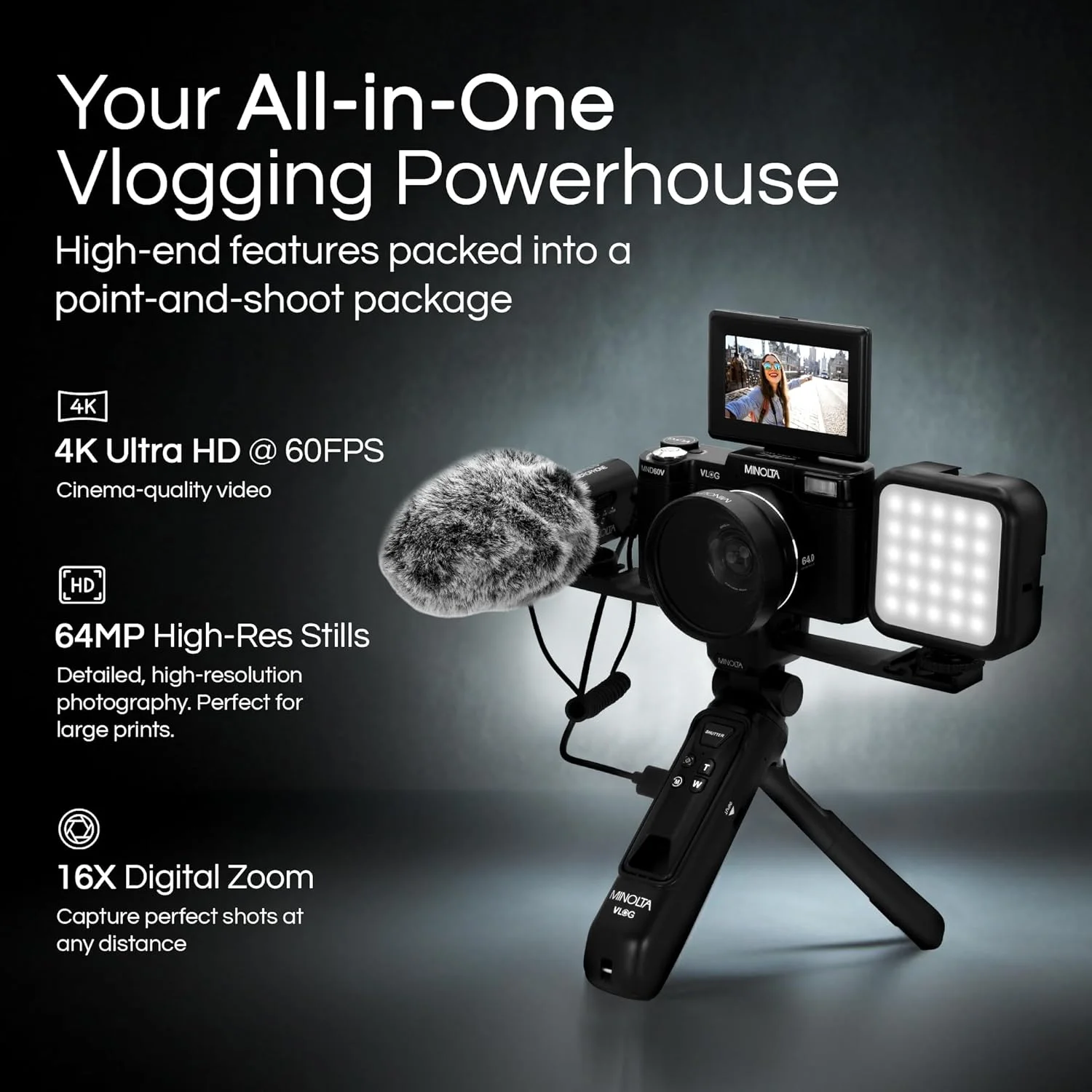 کیت دوربین فیلمبرداری و عکسبرداری حرفه ای Minolta MND60V با کیفیت 64 مگاپیکسل، فوکوس خودکار و کیفیت 4K60FPS Ultra HD