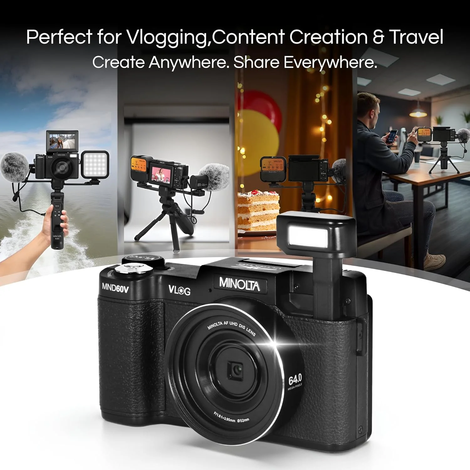 کیت دوربین فیلمبرداری و عکسبرداری حرفه ای Minolta MND60V با کیفیت 64 مگاپیکسل، فوکوس خودکار و کیفیت 4K60FPS Ultra HD