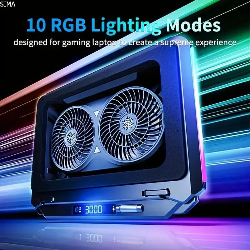 پد خنک کننده لپ تاپ RGB سیما مدل V2، دارای دو فن 14 سانتی متری، فوم سیل برای خنک سازی سریع، کنترل سرعت متغیر بی نهایت، ورودی USB Type C، خروجی برق Type A، صفحه نمایش LCD، مناسب برای لپ تاپ های 15.6-21 اینچ، 3000 دور در دقیقه