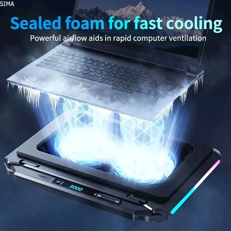 پد خنک کننده لپ تاپ RGB سیما مدل V2، دارای دو فن 14 سانتی متری، فوم سیل برای خنک سازی سریع، کنترل سرعت متغیر بی نهایت، ورودی USB Type C، خروجی برق Type A، صفحه نمایش LCD، مناسب برای لپ تاپ های 15.6-21 اینچ، 3000 دور در دقیقه