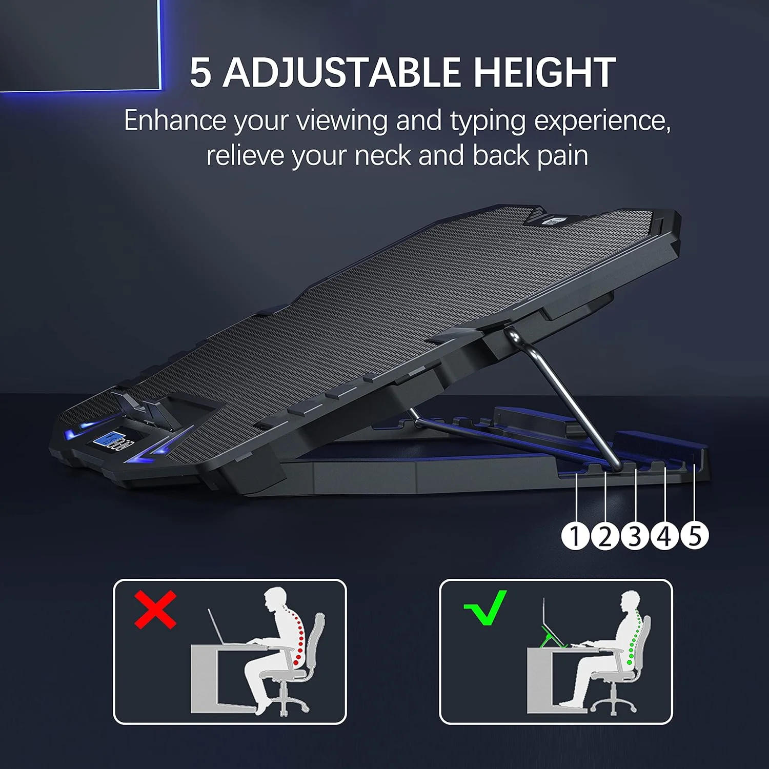 پایه خنک کننده لپ تاپ TopMate C5، کولر نوت بوک گیمینگ، پایه خنک کننده فن لپ تاپ با ارتفاع قابل تنظیم با 5 فن بی صدا نور LED آبی، پد خنک کننده کامپیوتر با کنترلر LCD، برای لپ تاپ های 10-15.6 اینچی